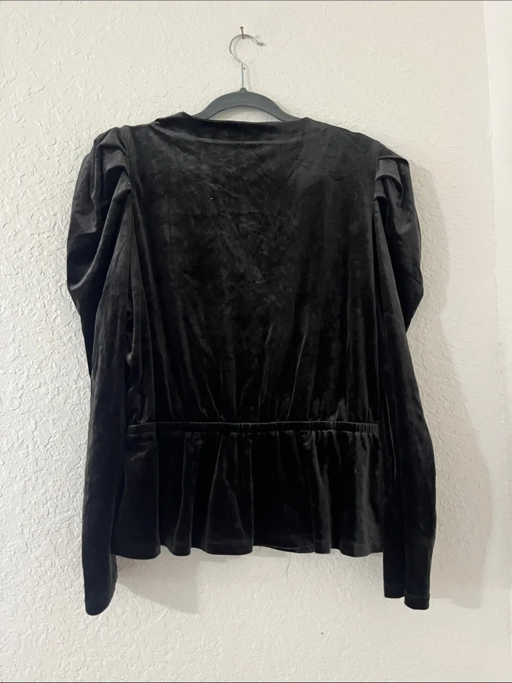 LOFT Black Velvet Wrap Peplum Blouse with Puff Shoulders